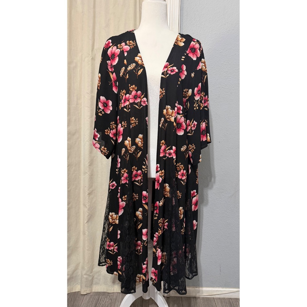 New Women Black Floral Kimono‎ S Lace Trim Open Front Duster Cardigan Bohemian